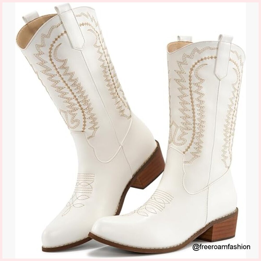 Women's Pointed Toe Embroidered Mid Calf Cowboy Boots Low Chunky Heel